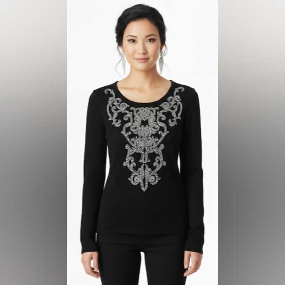 NWOT Boston Proper Black Long Sleeve Knit Top with Silver Embellishements Size S
